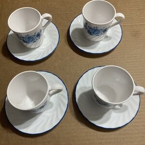 Corning Ware Corelle Blue Velvet Rose Set Of 4 Coffee Mugs Cups & Saucers Set 1